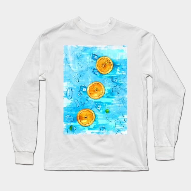 Oranges & Melting Ice Blocks Bright Blue - For Fruit Lovers. Long Sleeve T-Shirt by ColortrixArt